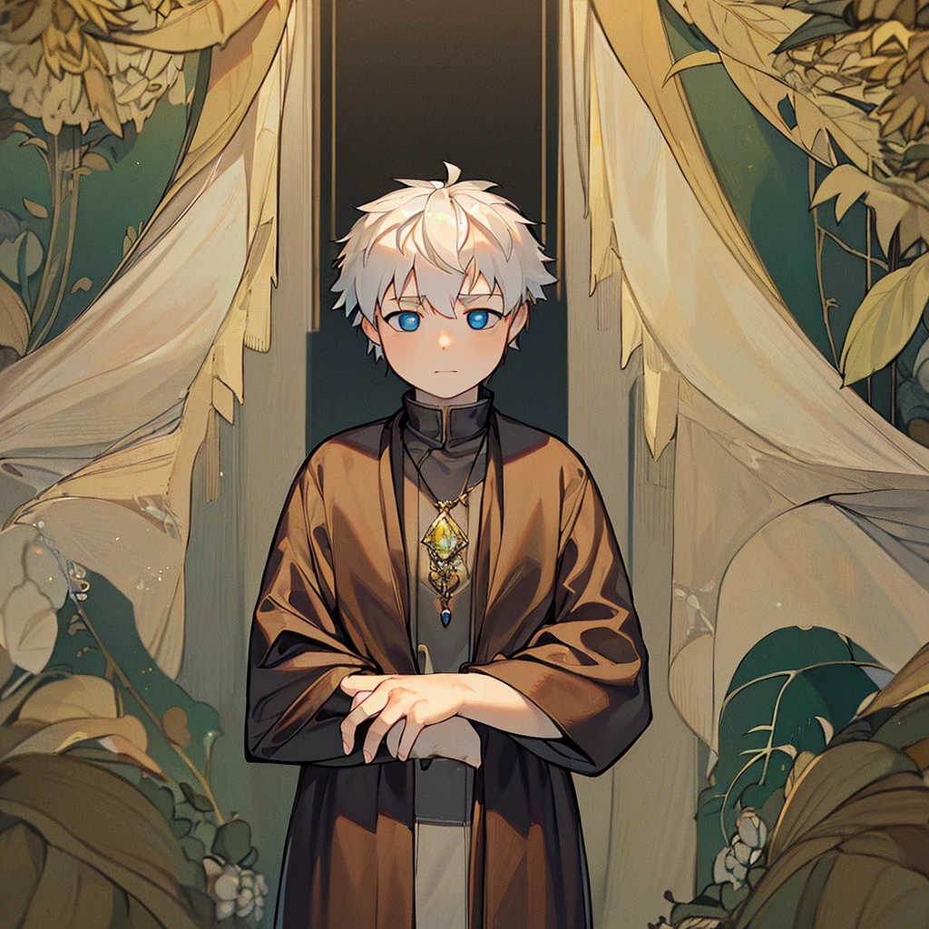 (  Absurdly , high quality , Extremely detailed ) ,( Handmade details ) , 1 Boy, Solitary, Mature, White hair, sunflower , Beautiful crystal eyes ( Eyes Details ) Baroque, necklace,Short sleeve ,trousers, elegant, rich and colorful, The most detailed, Upper Body , 有河流和sunflower