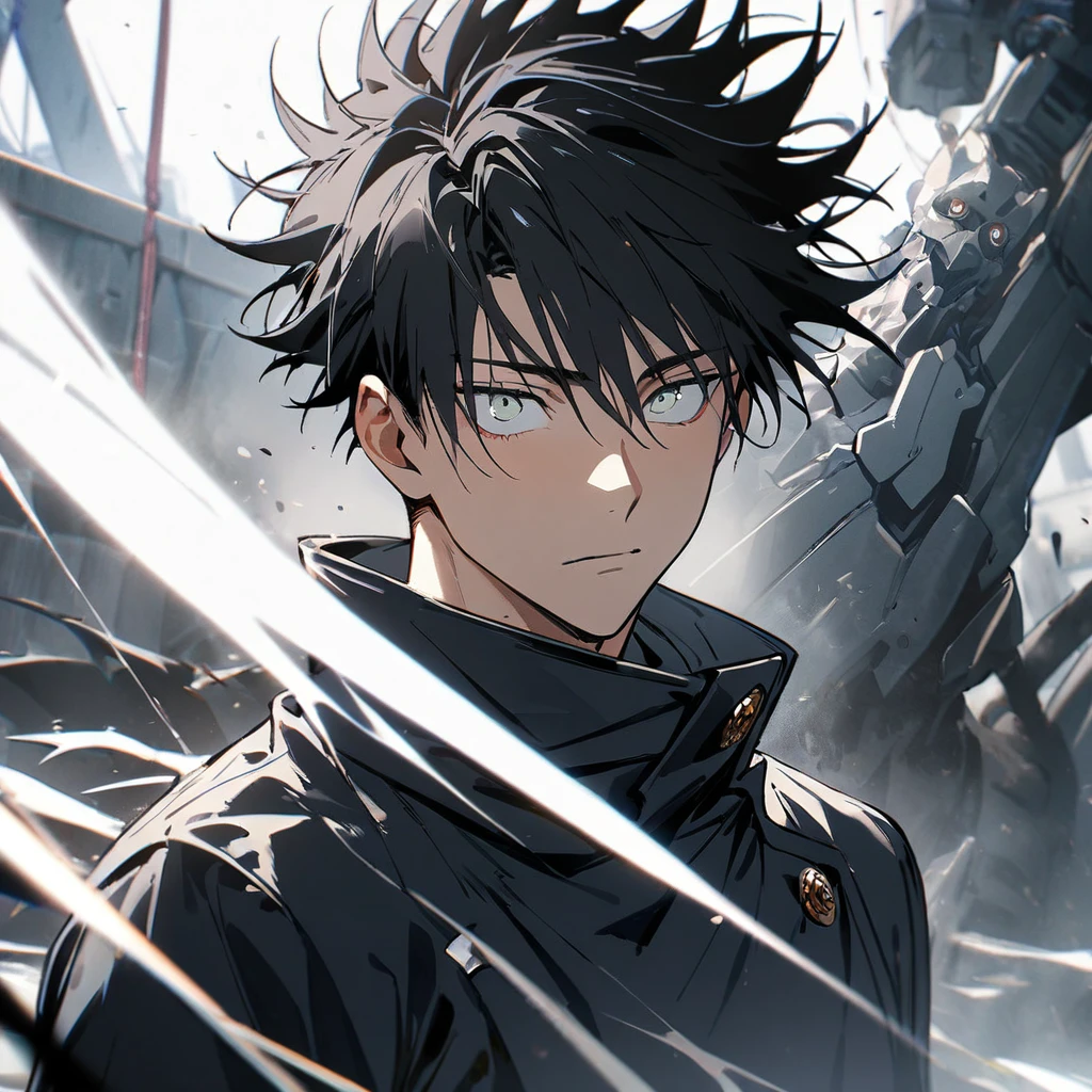 (1boy,jujutsu kaisen) solo, robot, black hair, (layered cut), white bright eyes, masterpiece, best quality, high quality, upper body, male focus,