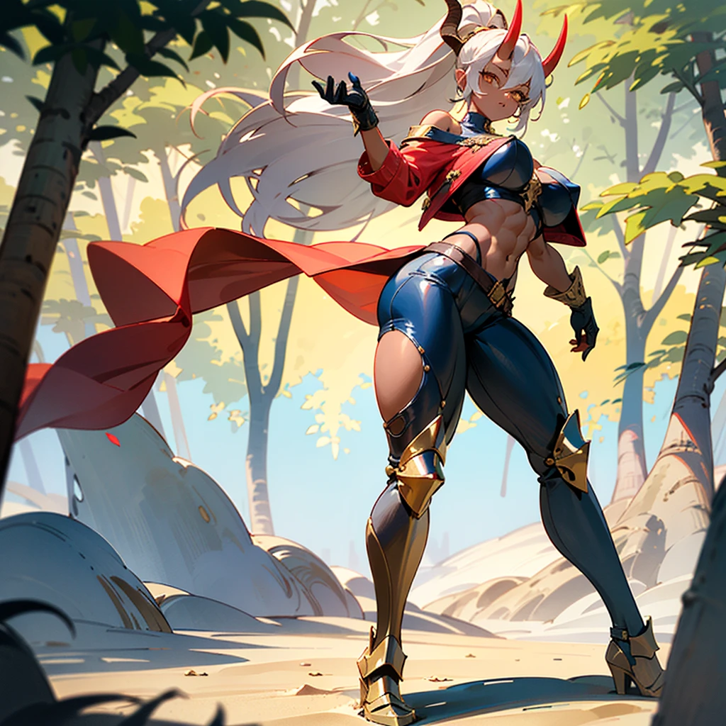 ((best quality)), ((masterpiece)), (detailed), 1girl, off-shoulder sweater, 8k_wallpaper, extremely detailed eyes, extremely detailed body, (large masterpiece digital art), ((perfect anatomy huge chest)), (intricate details:1.3), (ultra-detailed:1.3), (sharp focus:1.3), (natural lighting:1.05), (vivid colors:1.3), (best quality:1.4), high quality, expressive eyes, full body, tall girl, detailed face, beautiful face, perfect face, detailed ((sand hair)), (gold eyes), ((big red horns)), {{dark skin}}, ({dark skinned female}), gigantic breasts, thick thighs, a young Korean woman, (with golden eyes), (ponytail sandy lush hair), {tanned dark bronze skins), powerful sculpted leg muscles, powerful sculpted arm muscles, powerful sculpted abdominal muscles, sculpted thigh muscles, wears a red coat with rolled up sleeves, gold-colored steel heavy armor, a wide red leather belt with silver thread, leather pants with steel thigh guards, leather steel gloves, walking through the forest, trees with blue foliage and white flowers,