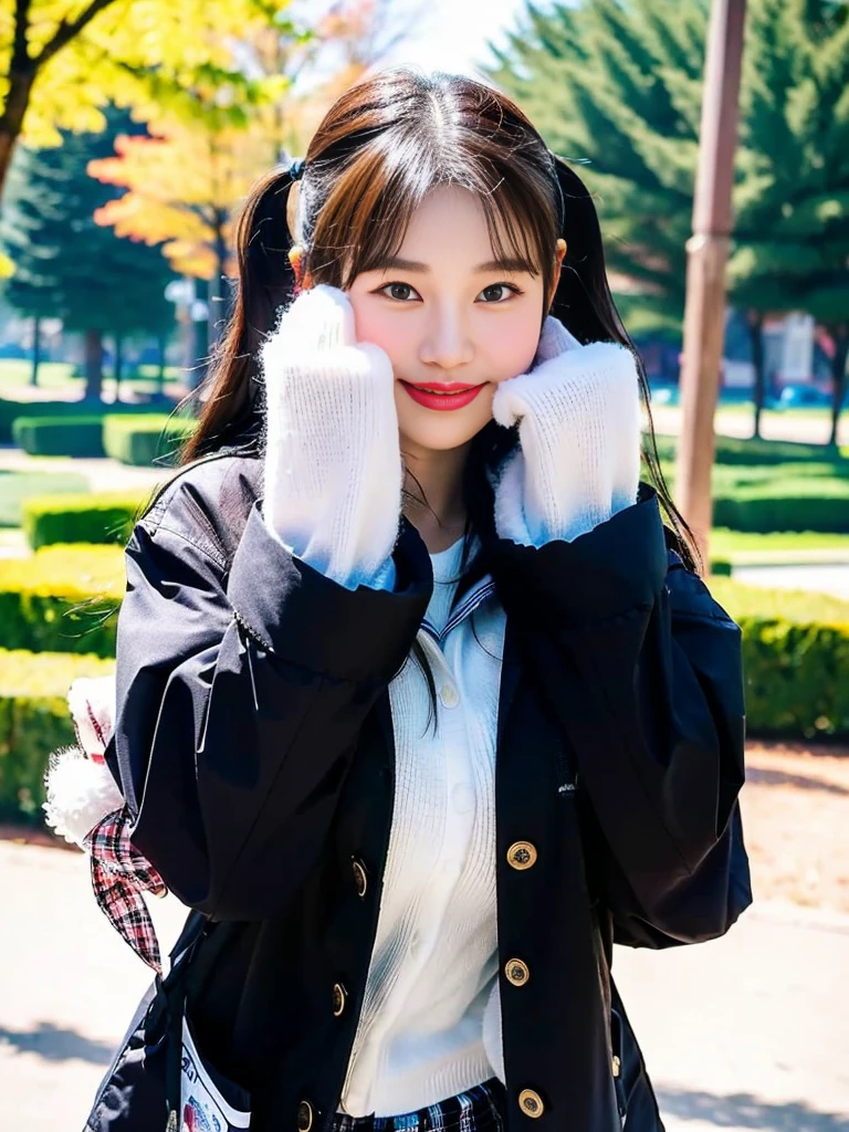 (A super cute Korean schoolgirl wearing a high-end down jacket in the style of a shyly covers her face:1.2)(Embarrassed look,I grin in embarrassment.:1.1)(Beautiful Sweat:1.1)(16K, RAW Photos, Highest quality, masterpiece: 1.2),(Shiny and beautiful black long hair) Super detailed, Super Resolution, (Genuine, Genuine photos: 1.37), Portraiture, High-resolution RAW color photos, Professional photos, Very detailed, 8k wallpaper, Very detailed CG Unity 8k wallpaper, Very detailed beautiful girls, Very detailed faces, ((whole body)), beautiful woman, Huge breasts,(huge boobs:1.1) (Big Boobs:1.1), beautiful (Wearing a high-end down jacket in the style of a school uniform),high school girl, Korean Girls,(K-POP Female Idols), (Idol-class beauty)(Beautiful high school girl:1.1)(Blizzard in the park)()Date,Fluffy gloves,neck warmer,