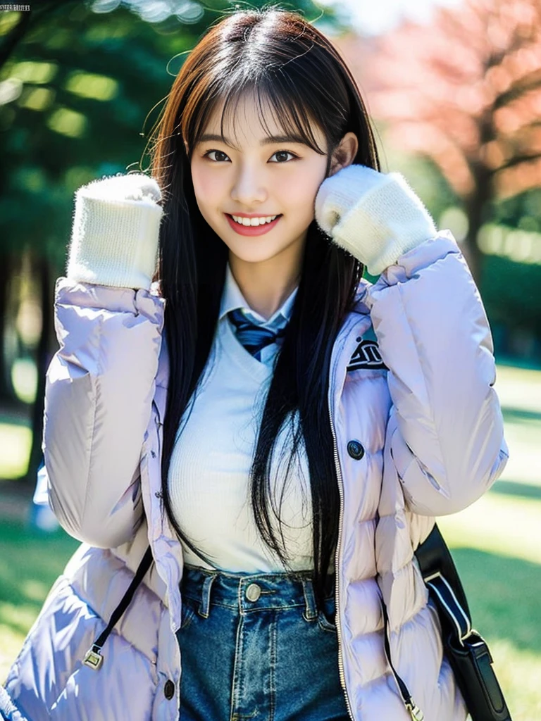 (A super cute Korean schoolgirl wearing a high-end down jacket in the style of a  shyly covers her face:1.2)(Embarrassed look,I grin in embarrassment.:1.1)(Beautiful Sweat:1.1)(16K, RAW Photos, Highest quality, masterpiece: 1.2),(Shiny and beautiful black long hair) Super detailed, Super Resolution, (Genuine, Genuine photos: 1.37), Portraiture, High-resolution RAW color photos, Professional photos, Very detailed, 8k wallpaper, Very detailed CG Unity 8k wallpaper, Very detailed beautiful girls, Very detailed faces, ((whole body)), beautiful woman, Huge breasts,(huge boobs:1.1) (Big Boobs:1.1), beautiful  (Wearing a high-end down jacket in the style of a school uniform),high school girl, Korean Girls,(K-POP Female Idols), (Idol-class beauty)(Beautiful high school girl:1.1)(Blizzard in the park)(16 years old)Date,Fluffy gloves,neck warmer,