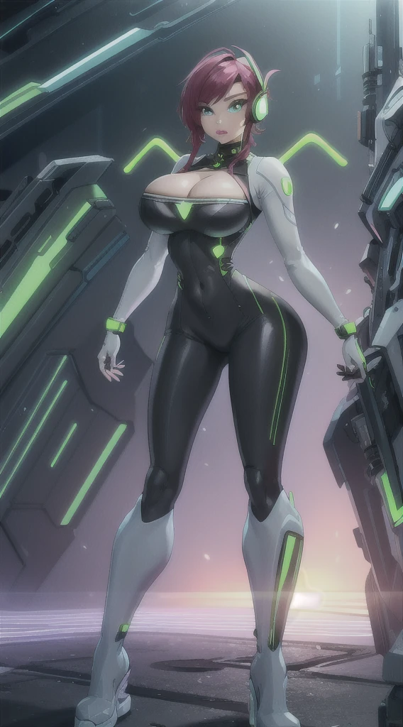 future, neon, tech Valkyrie, technology bodysuit,tech boots, tech gloves, tech headphones, cleavage, fullbody dynamic sexy pose, Tech futuristic armor. 