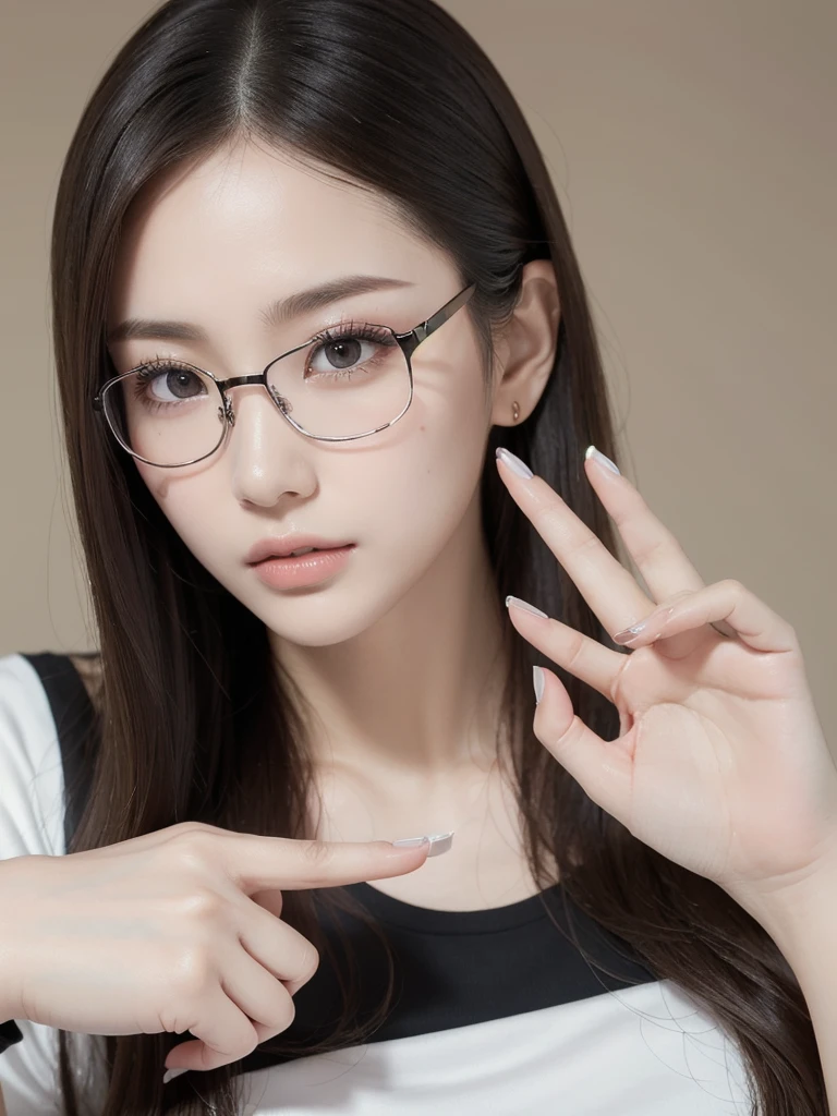 elegant woman, beautiful detailed eyes, beautiful detailed lips, extremely detailed eyes and face, long eyelashes, slender body, thin face, delicate features, flawless porcelain skin, glistening sweat, ultra-fine fingers,((( best ratio four finger and one thumb))), realistic, oversized T-shirt, mini skirt, one-person viewpoint, Fuji Film, F/1.2, 8K, masterpiece, nffsw, super detail, high quality, best quality, high resolution, glasses, mole under right eye, gravure pose, ((natural hand pose))