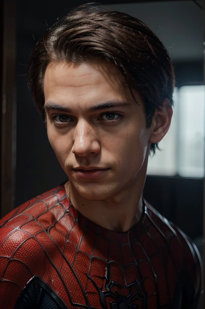 A photograph of spider man, no mask, 20 yo, handsome, detailed face, looking at camera, portrait, 8k uhd, high quality