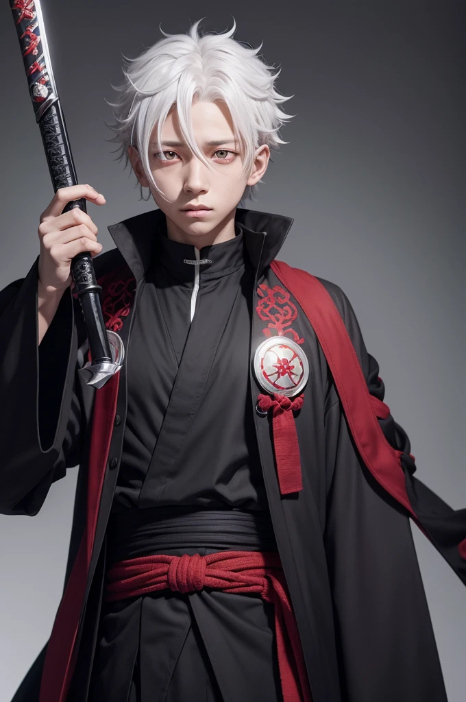 White and curly hair 1.70 tall Ethnicity black Male gender 10 years old Jujutsu Kaisen Sorcerer Uniform Red eyes Looks like a character from the anime jujutsu kaisen Sukuna's domain expansion scene Use a cool katana