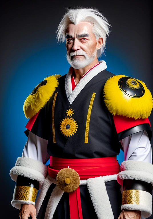 high quality image of realistic subject, white Japanese hakama suit with red landscape decorations, carries three swords, long straight white hair, yellow cloth belt with blue landscape decorations, black half-body armor on the back, blue moon on forehead, bright yellow eyes, red eyeliner on his eyelids, two red horizontal lines on his cheeks, black claws on his hands, holding a fluffy sheepskin on one of his shoulders,