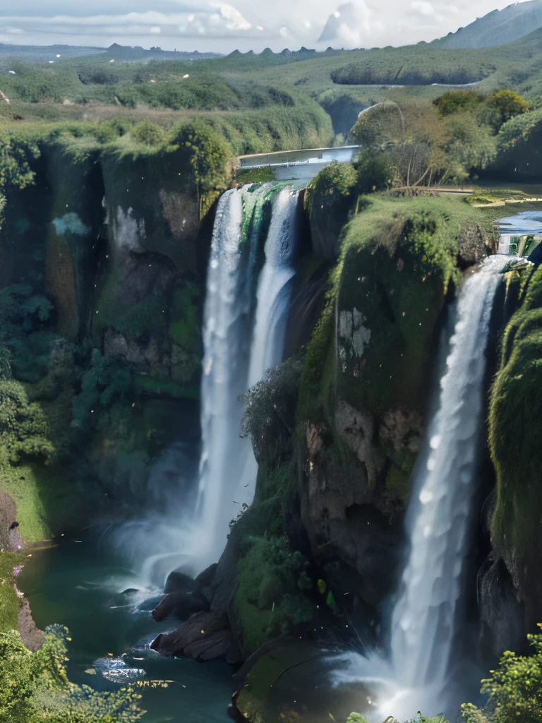 (La best quality,high resolution,super detailed,actual),Lovely knitted waterfall,There is a green waterfall between the clouds,In the sky(((A masterpiece full of fantasy elements))), ((best quality)), ((intricate details))(8k)