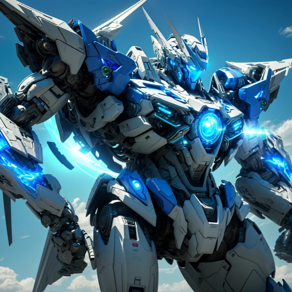 A person with an extremely protruding chin, their entire body a light blue machine, is fully visible. The robot is flying through the sky, emitting a light blue beam from its mouth. The background is a bright blue sky with scattered clouds. The robot's body is intricately designed with gears, wires, and metal plates, showcasing a perfect blend of human and machine elements. The scene captures the robot mid-flight, with the beam extending from its mouth, creating a dynamic and intense atmosphere. The image is highly detailed and realistic, in 8K resolution."