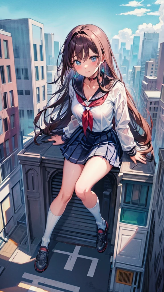 Knot　Unreal Engine　Anime Style　Delicate painting　4K　90's　giant　Multiple Girls　crowd　School building 　City　　School buildingの谷間に立っている巨大な女子高生　school uniform　Sailor suit　skirt　Black Hair　　smile　female giant giant girl Whole body 　 Destroyed skyscrapers Destroyed cars Crowd Unreal Engine,cleavage ,a drawing of a , earrings, long hair, 1980s (style) Cute picture　Beauty　Analog style　whole body　sneakers　