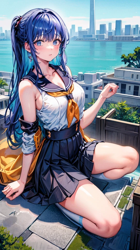 masterpiece, ultra high quality CG, best quality, perfect picture, 1girl, solo, Laura S. Arseid (long dark blue hair, ponytail and side Bang, small boobs), lifting her skirt and showing off her panties, embarrassed red sleeveless jacket, green skirt, thigh-high boots, in a classroom, heat, summer, trees