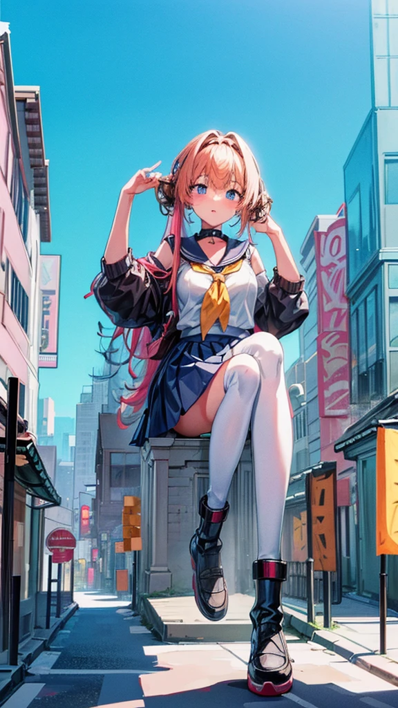 Knot　Unreal Engine　Anime Style　Delicate painting　4K　90's　giant　Multiple Girls　crowd　School building 　City　　School buildingの谷間に立っている巨大な女子高生　school uniform　Sailor suit　skirt　Black Hair　　smile　female giant giant girl Whole body 　 Destroyed skyscrapers Destroyed cars Crowd Unreal Engine,cleavage ,a drawing of a , earrings, long hair, 1980s (style) Cute picture　Beauty　Analog style　whole body　sneakers　