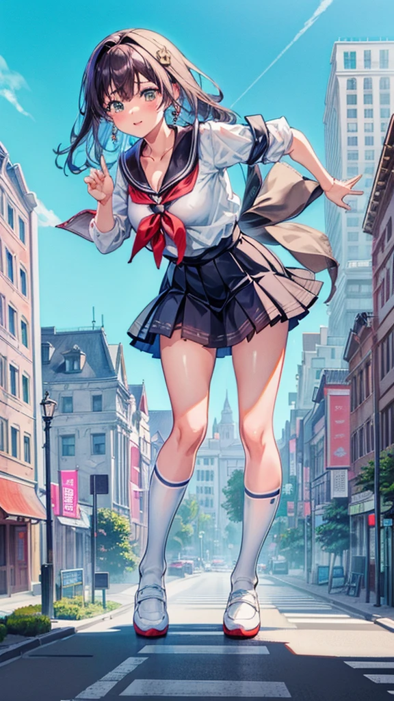 Knot　Unreal Engine　Anime Style　Delicate painting　4K　90's　giant　Multiple Girls　crowd　School building 　City　　School buildingの谷間に立っている巨大な女子高生　school uniform　Sailor suit　skirt　Black Hair　　smile　female giant giant girl Whole body 　 Destroyed skyscrapers Destroyed cars Crowd Unreal Engine,cleavage ,a drawing of a , earrings, long hair, 1980s (style) Cute picture　Beauty　Analog style　whole body　sneakers　