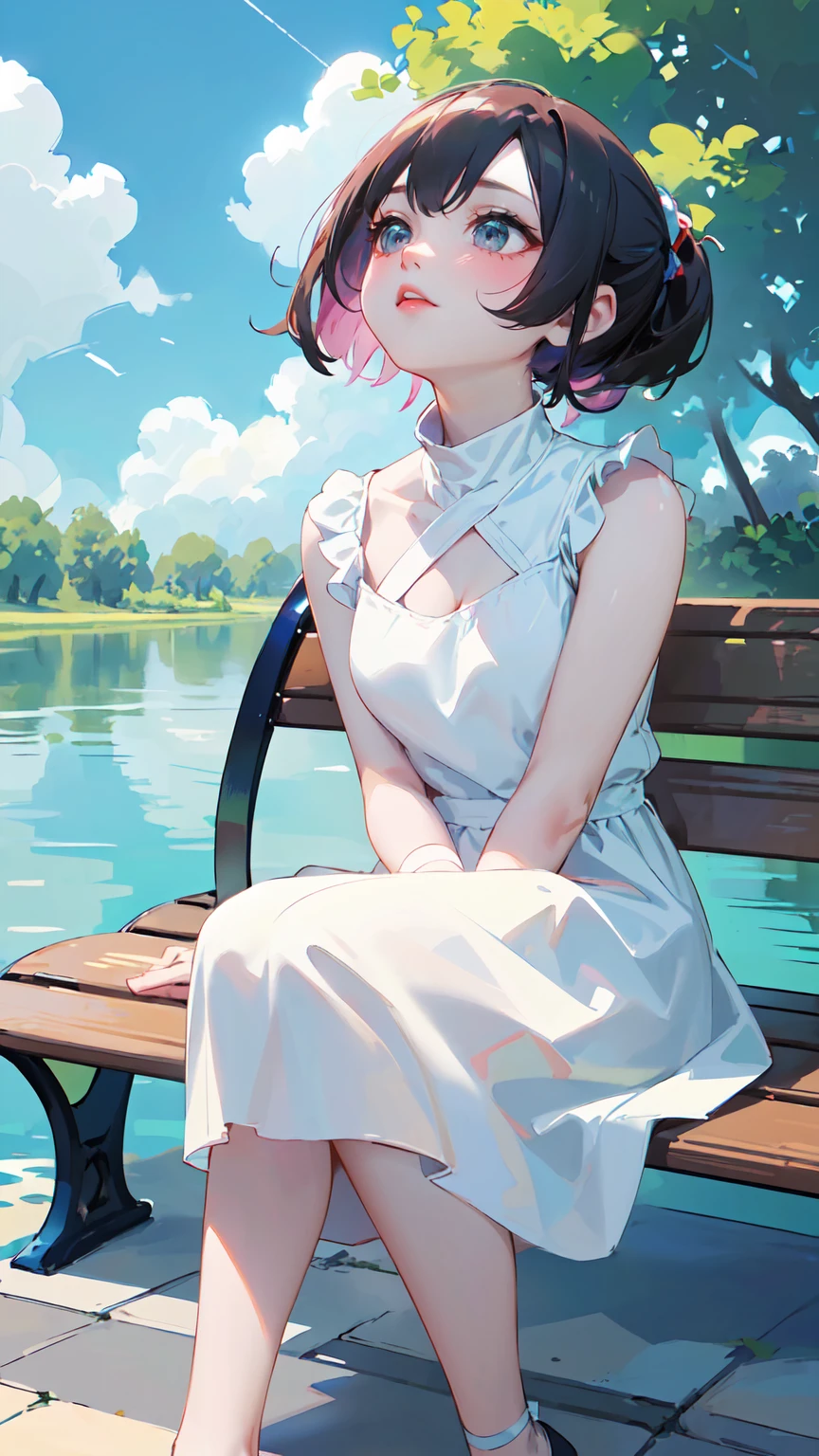 finely detailed illustration, best quality, masterpiece, vibrant color,14 years old、pretty girl、(((Sitting on a bench looking up at the sky:1.37、Girl sitting on the floor looking up at the sky:1.2、Look at the sky:1.37)))、One beautiful girl、Extremely delicate facial and skin texture、White Summer Knitwear、Black long skirt、Everyday Scenes、Pleasant sunshine、In perfect harmony with nature、relaxation、(((Parks by the river、blue sky、White cloud、Summer day)))、Young people、15 years old、Summer vacation、Highest quality、masterpiece