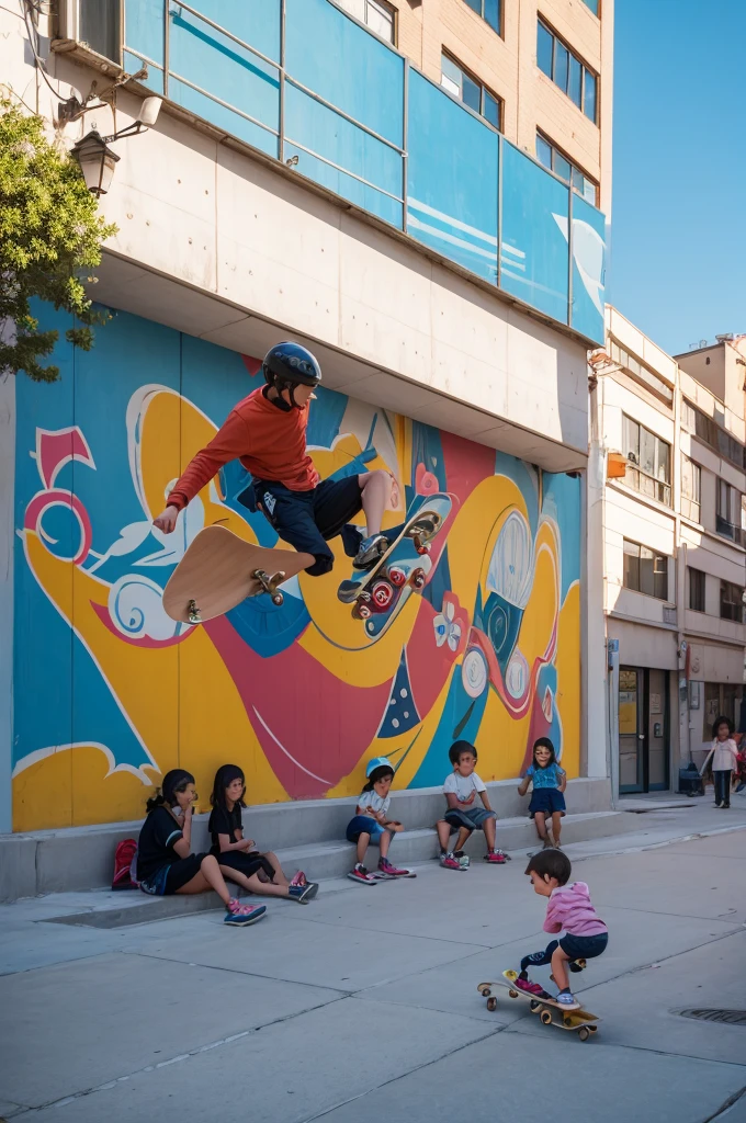 Mural with children skateboarding and playing and other children sitting studying