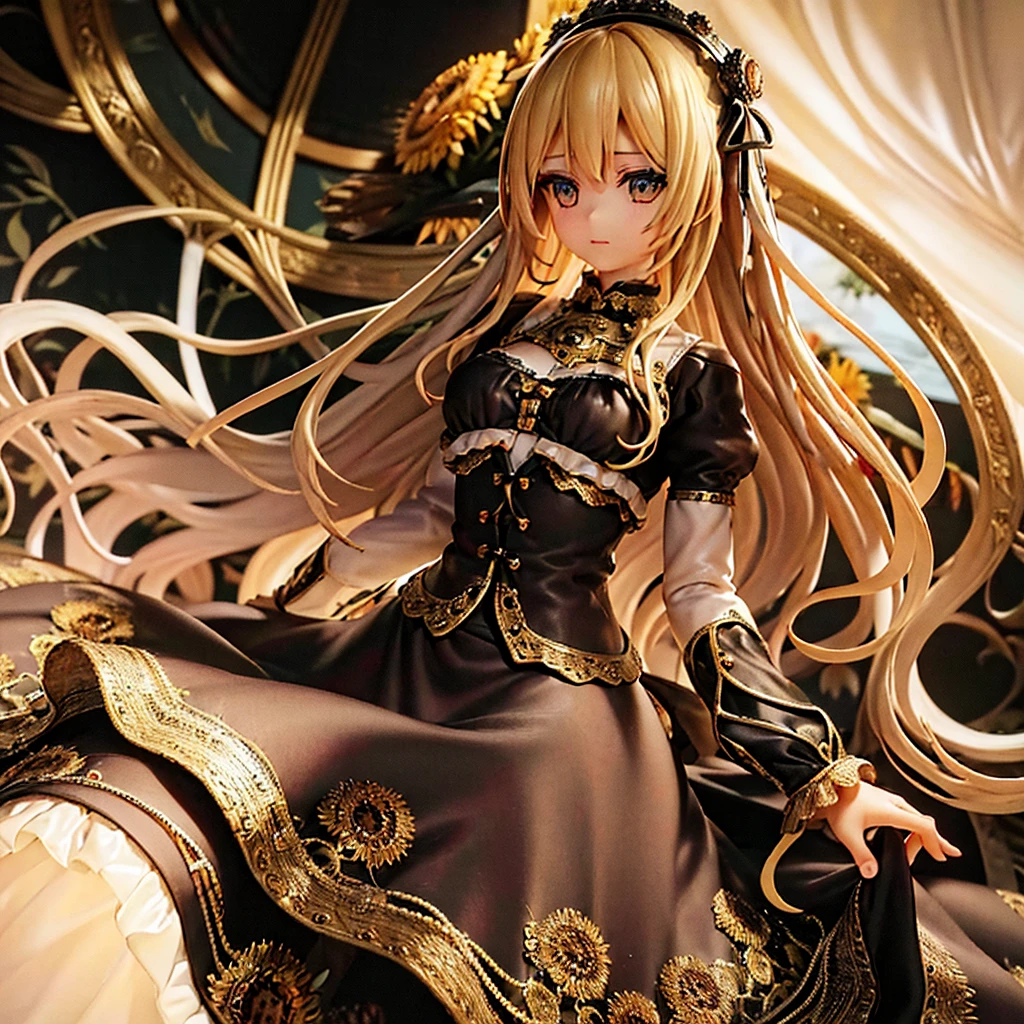 (  Absurdly , high quality , Extremely detailed ) ,( Handmade details ) , 1 Girl, Solitary, Mature, Very long hair, Sunflower Hair , Beautiful crystal eyes ( Eyes Details ) Baroque,  Long skirt, Long sleeve, elegant, rich and colorful, The most detailed, Upper Body , There are rivers and sunflowers，White tights