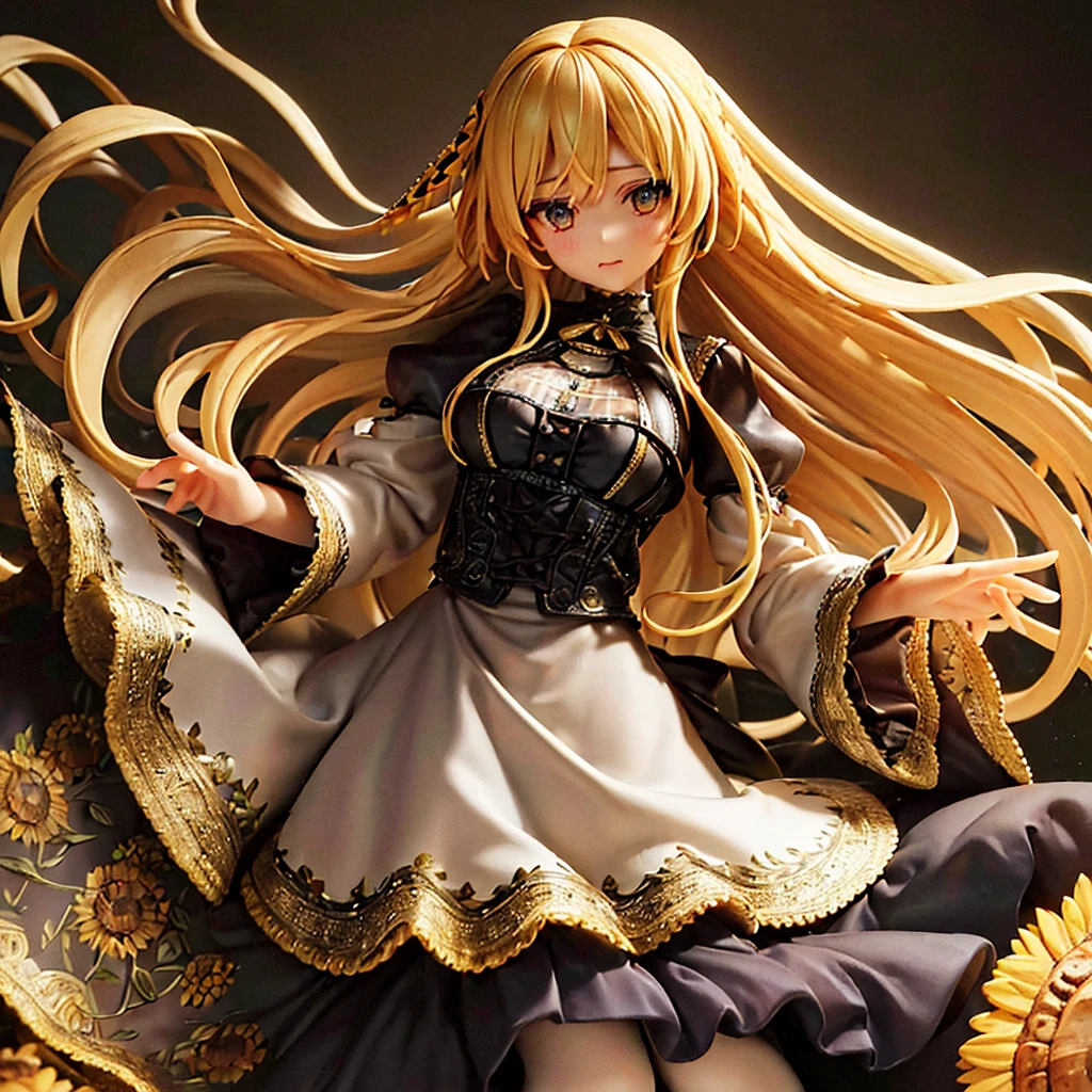 ( Absurdly , high quality , Extremely detailed ) ,( Handmade details ) , 1 Girl, Solitary, Mature, Very long hair, Sunflower Hair , Beautiful crystal eyes ( Eyes Details ) Baroque, Long skirt, Long sleeve, elegant, rich and colorful, The most detailed, Upper Body , There are rivers and sunflowers,White tights