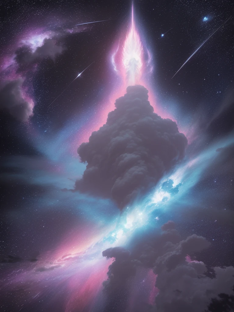 (Alone) inconceivable and spectacular an emergency scene of a cloud figure Sophie Turner in a Cosmic cloud, fractal nebula strands, Cosmic, celestial, Cosmic, vibrant and vivid entities, whirlwinds, yarn, unreal, High contrast, Symbolism, magical, mystic, disconcerting, Hyper realistic, oversaturated, showy, 8k