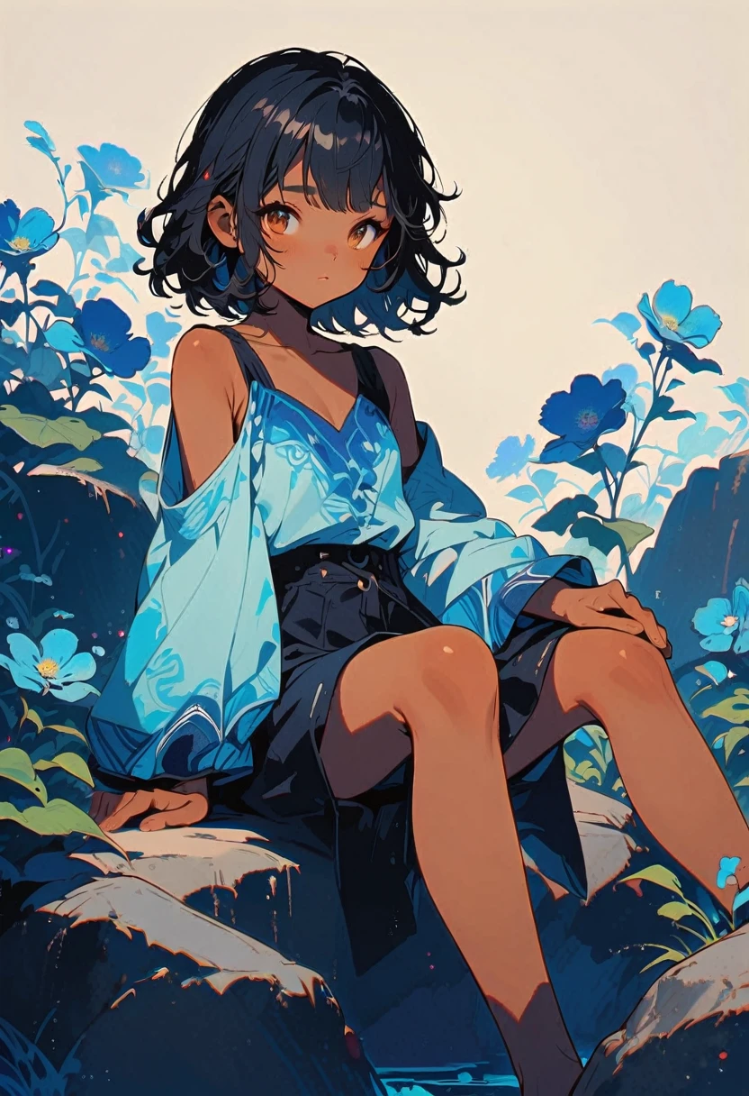 with wavy black hair with flowers, tanned complexion, brown eyes, sitting on a rock with blue tones