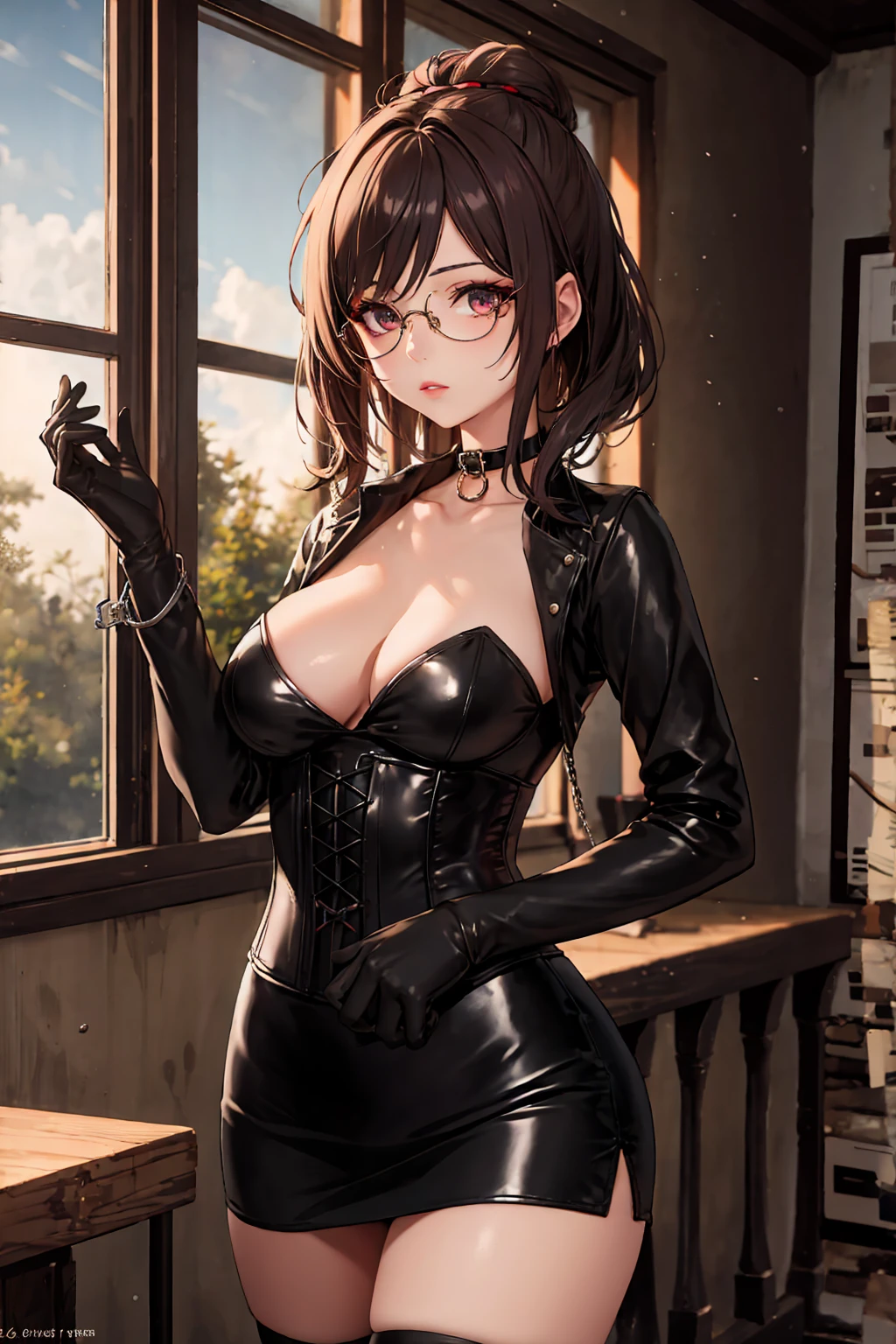 1 girl, Chiori \(genshin impact\), Alone, choker:1.6, White long sleeve shirt with collar, black leather corset, black gloves that cover your hands, shiny black tight mini skirt, shackles, glasses, looking at the viewer, inside, depth of field, expressionless, Sensual Lips , evening de invierno, show details in the eyes, looking at the viewer, Dark road, forest, evening, Atmosphere, fog