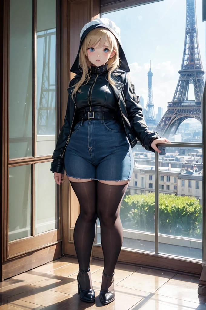 1 female, shy, french girl, young kid, bonnet, cute, Leather jacket, hourglass figure, thick thighs, full body pic, blond, blue pupils, pout, best quality, eiffel tower on the window, cute, green french clothes.