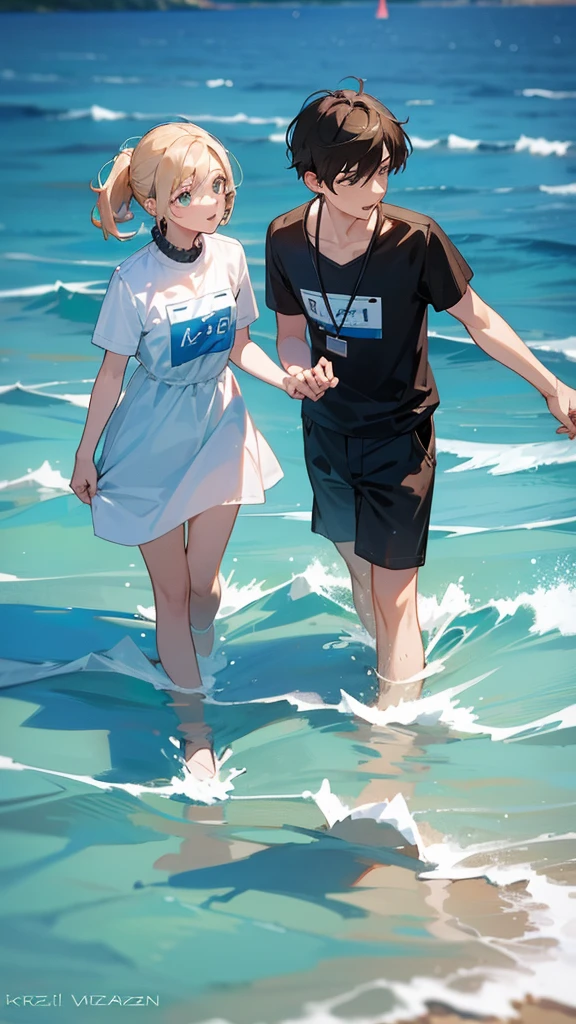 Couple boy and a girl name tag  IAN and KRIZ in the sea background