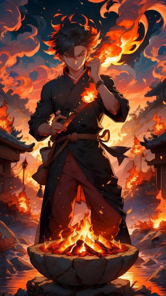 burning, explosion, fire, flame, molten rock, flaming weapon, breathing fire, campfire, flaming sword, torch, pyrokinesis, embers, fiery hair, fiery wings, fireplace, sunset, tail-tip fire, orange sky, candle, volcano, charmander, autumn, charizard, burnt clothes, 1boy, firing, twilight, autumn leaves, sun, goldfish, muzzle flash, male focus, evening, water, ocean, magic, phoenix, red sky, sparks, orange theme, solo, cooking, red eyes, gradient sky, dusk, paper lantern, orange \(fruit\), long sideburns, lantern, smoke, standing on liquid, vision \(genshin impact\), bomb, belt, jewelry