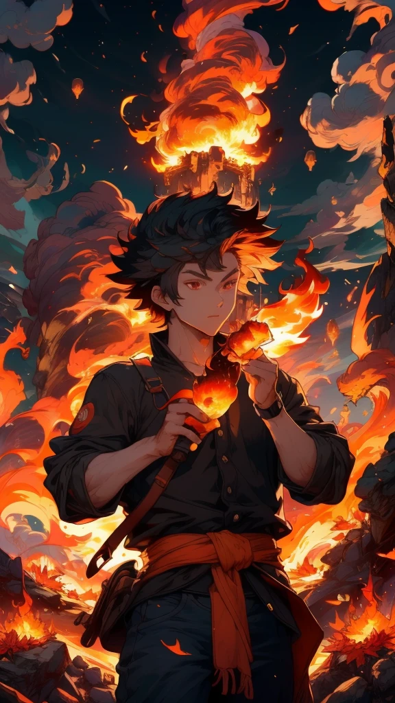 burning, explosion, fire, flame, molten rock, flaming weapon, breathing fire, campfire, flaming sword, torch, pyrokinesis, embers, fiery hair, fiery wings, fireplace, sunset, tail-tip fire, orange sky, candle, volcano, charmander, autumn, charizard, burnt clothes, 1boy, firing, twilight, autumn leaves, sun, goldfish, muzzle flash, male focus, evening, water, ocean, magic, phoenix, red sky, sparks, orange theme, solo, cooking, red eyes, gradient sky, dusk, paper lantern, orange \(fruit\), long sideburns, lantern, smoke, standing on liquid, vision \(genshin impact\), bomb, belt, jewelry