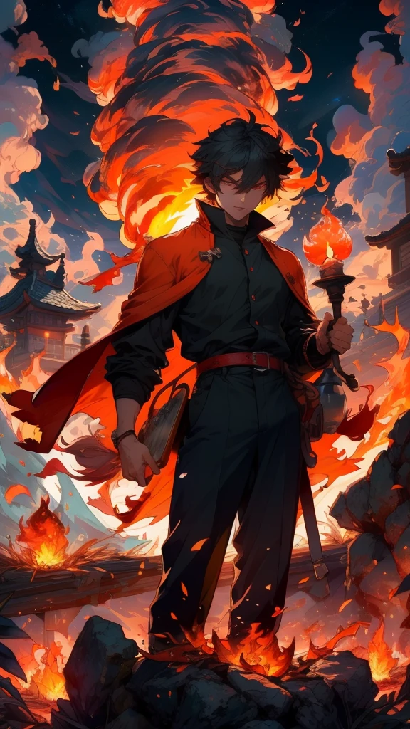 burning, explosion, fire, flame, molten rock, flaming weapon, breathing fire, campfire, flaming sword, torch, pyrokinesis, embers, fiery hair, fiery wings, fireplace, sunset, tail-tip fire, orange sky, candle, volcano, charmander, autumn, charizard, burnt clothes, 1boy, firing, twilight, autumn leaves, sun, goldfish, muzzle flash, male focus, evening, water, ocean, magic, phoenix, red sky, sparks, orange theme, solo, cooking, red eyes, gradient sky, dusk, paper lantern, orange \(fruit\), long sideburns, lantern, smoke, standing on liquid, vision \(genshin impact\), bomb, belt, jewelry