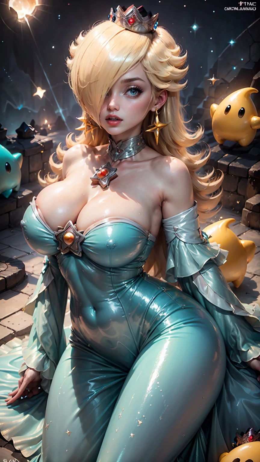 ((Princess Rosalina from super mario bros series))(she has big glowing blue eyes)(bright red lips) (((long blonde straight hairstyle)))((hair cover half left face)))(dark eyeshadows make up)((very huge breasts)) (perfect slim body) ((wear aquamarine dress, gold crown)) (crown) ((posing sexy in cosmic castle)) (masterpiece, high definition, volumetric lights and dinamic shadows)((masterpiece))(8k)(perfect face)(ultra details) (perfect hands, eyes, and face) (luma star flying around), ((oiled skin, shiny skin, reflective skin)),