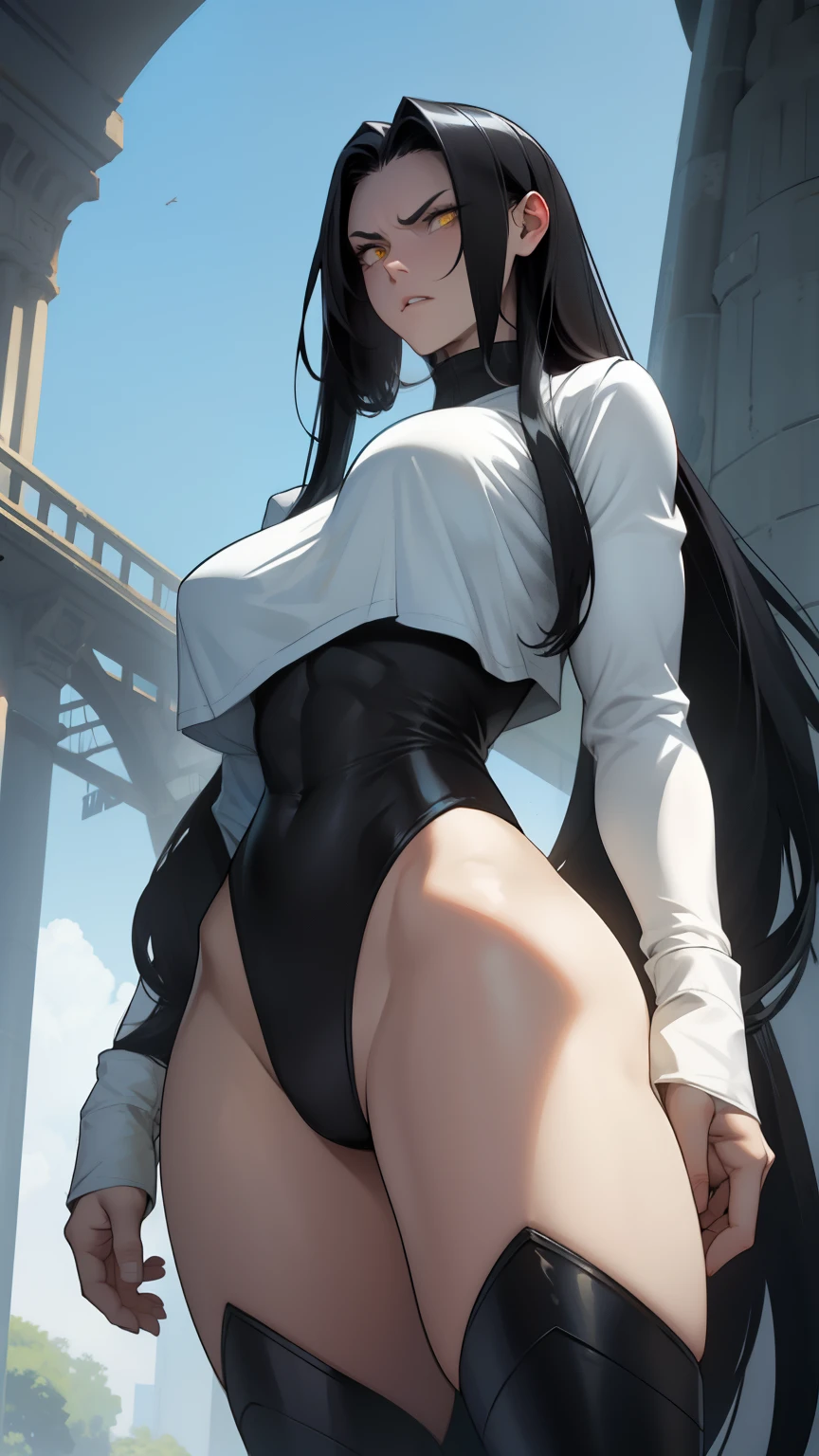 giant hair massive breasts huge muscles big thighs black hair yellow eyes pale skin angry sad girl thick as fuck long straight hair long straight hair