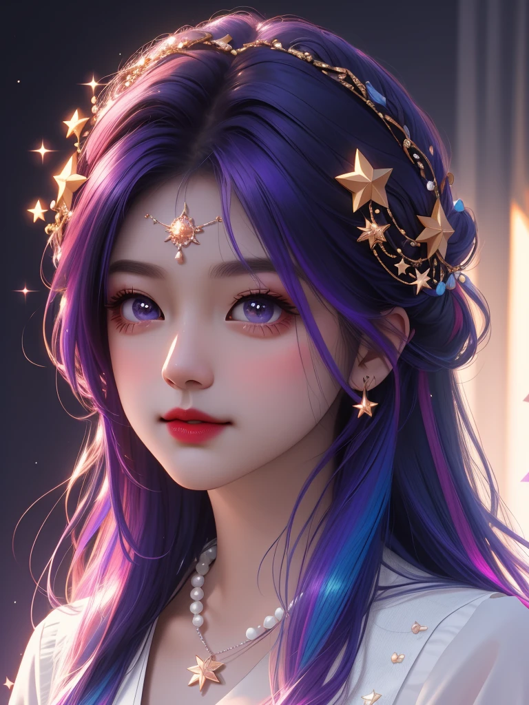 best quality, masterpiece, high resolution, 1 Girl,flirtatious,Colored hair,(Charming smile:0.8),Star-shaped pupil,china hanfu,Hair accessories,necklace, Jewelry,Pretty Face,Above_Body, Tyndall effect,Reality, Dark Studio, Rim Light, Two-tone lighting,(High Detail Skin:1.2), 8K uhd, Digital SLR Camera, Soft lighting, high quality, Volumetric Lighting, frank, photo, high resolution, 4K, 8K, Bokeh