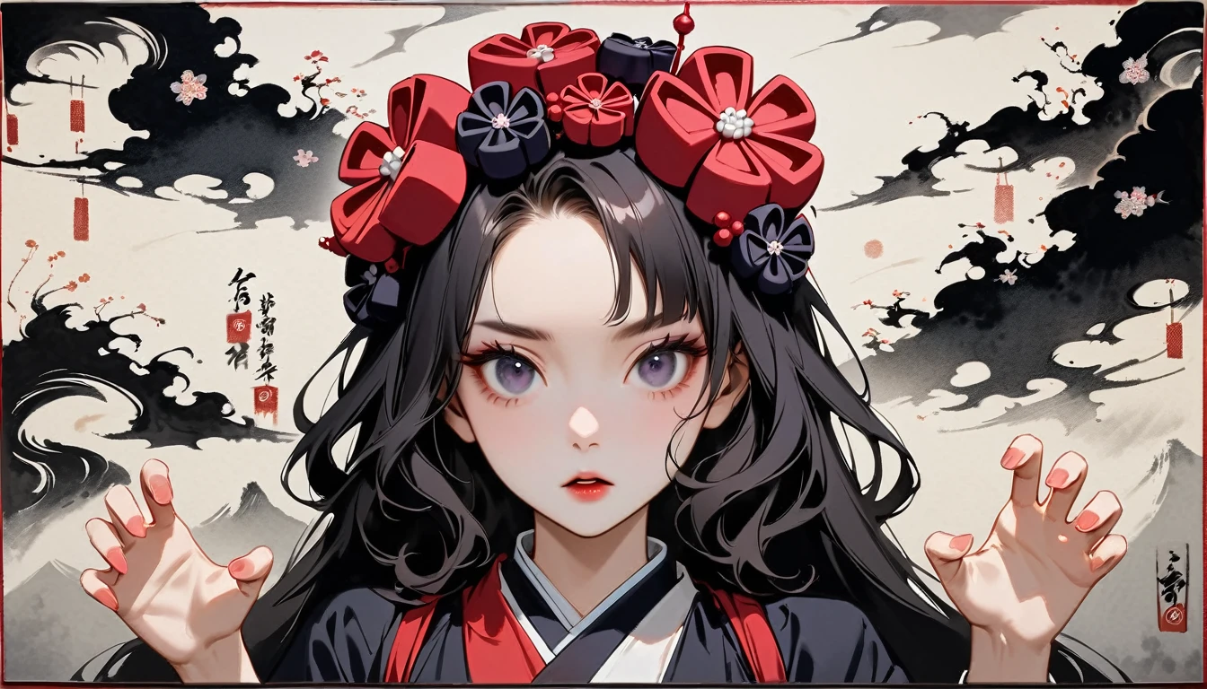 (((Horror elements))), (((claw pose))), (((Highest quality))), (((Katsushika Hokusai))), (((Ink Painting))), ((very straight longhair)), ((1 girl)), ((Gorgeous hair accessories)), ((Beautiful girl possessed by a demon)), Japanese style headphones, Black Hair, Delicate and precise, Modern ukiyo-e style, head shot