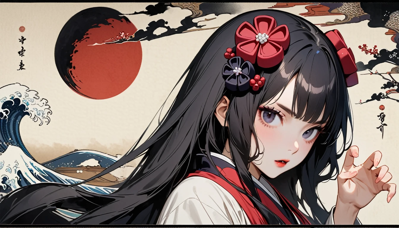 (((Horror elements))), (((claw pose))), (((Highest quality))), (((Katsushika Hokusai))), (((Ink Painting))), ((very straight longhair)), ((1 girl)), ((Gorgeous hair accessories)), ((Beautiful girl possessed by a demon)), Japanese style headphones, Black Hair, Delicate and precise, Modern ukiyo-e style, head shot