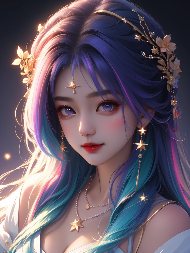 best quality, masterpiece, high resolution, 1 Girl,flirtatious,Colored hair,(Charming smile:0.8),Star-shaped pupil,china hanfu,Hair accessories,necklace, Jewelry,Pretty Face,Above_Body, Tyndall effect,Reality, Dark Studio, Rim Light, Two-tone lighting,(High Detail Skin:1.2), 8K uhd, Digital SLR Camera, Soft lighting, high quality, Volumetric Lighting, frank, photo, high resolution, 4K, 8K, Bokeh