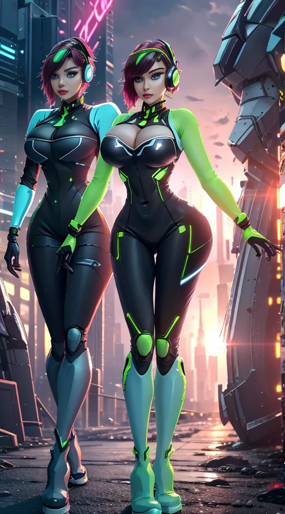 future, neon, tech Valkyrie, technology bodysuit,tech boots, tech gloves, tech headphones, cleavage, fullbody dynamic sexy pose, Tech futuristic armor. 