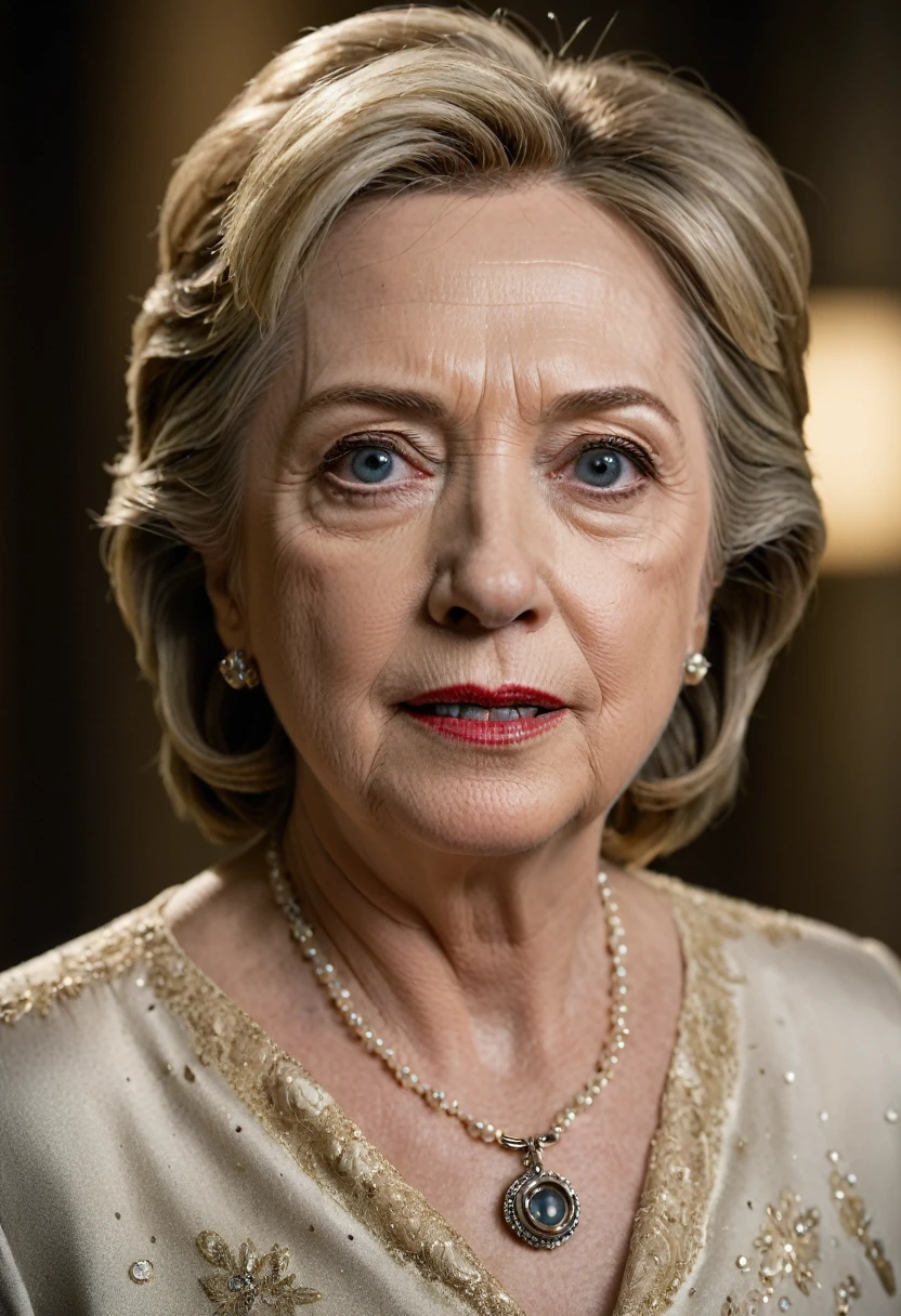 Hillary Clinton, 62 year old woman, blouse, cleavage,bokeh,f1.4,40mm,photorealistic,raw,8k,skin pores,dried-up,textured skin,intricate details,dramatic light,award winning,style by Dan Winters,RAW photography,film grain,(indistinguishable from reality:1.4),photo taken with a Bolex H16,captivating eyes,charming,striking features,character,thorough,