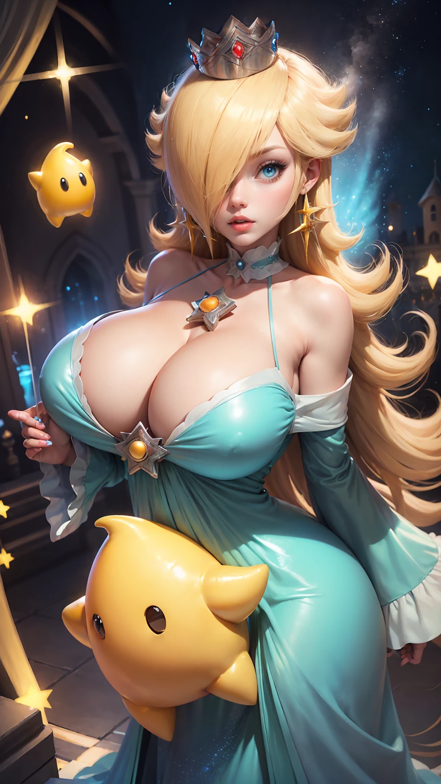 ((Princess Rosalina from super mario bros series))(she has big glowing blue eyes)(bright red lips) ((long blonde hair))(((long bangs hide one eye)))(dark eyeshadows make up)((very huge breasts)) (perfect slim body) ((wear aquamarine dress, gold crown)) (crown) ((posing sexy in cosmic castle)) (masterpiece, high definition, volumetric lights and dinamic shadows)((masterpiece))(8k)(perfect face)(ultra details) (perfect hands, eyes, and face) (luma star flying around), (((gigantic breasts)))