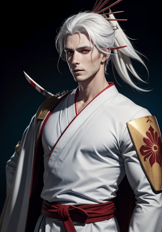 high quality image of realistic subject, white Japanese hakama suit with red landscape decorations, carries three swords, long straight white hair, yellow cloth belt with blue landscape decorations, black half-body armor on the back, blue moon on forehead, bright yellow eyes, red eyeliner on his eyelids, two red horizontal lines on his cheeks, black claws on his hands, holding a fluffy sheepskin on one of his shoulders,