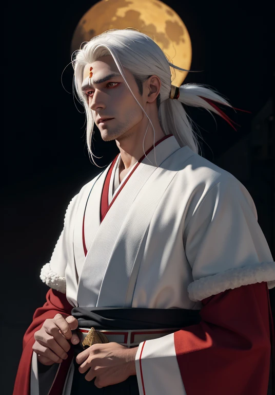 high quality image of realistic subject, white Japanese hakama suit with red landscape decorations, carries three swords, long straight white hair, yellow cloth belt with blue landscape decorations, black half-body armor on the back, blue moon on forehead, bright yellow eyes, red eyeliner on his eyelids, two red horizontal lines on his cheeks, black claws on his hands, holding a fluffy sheepskin on one of his shoulders,
