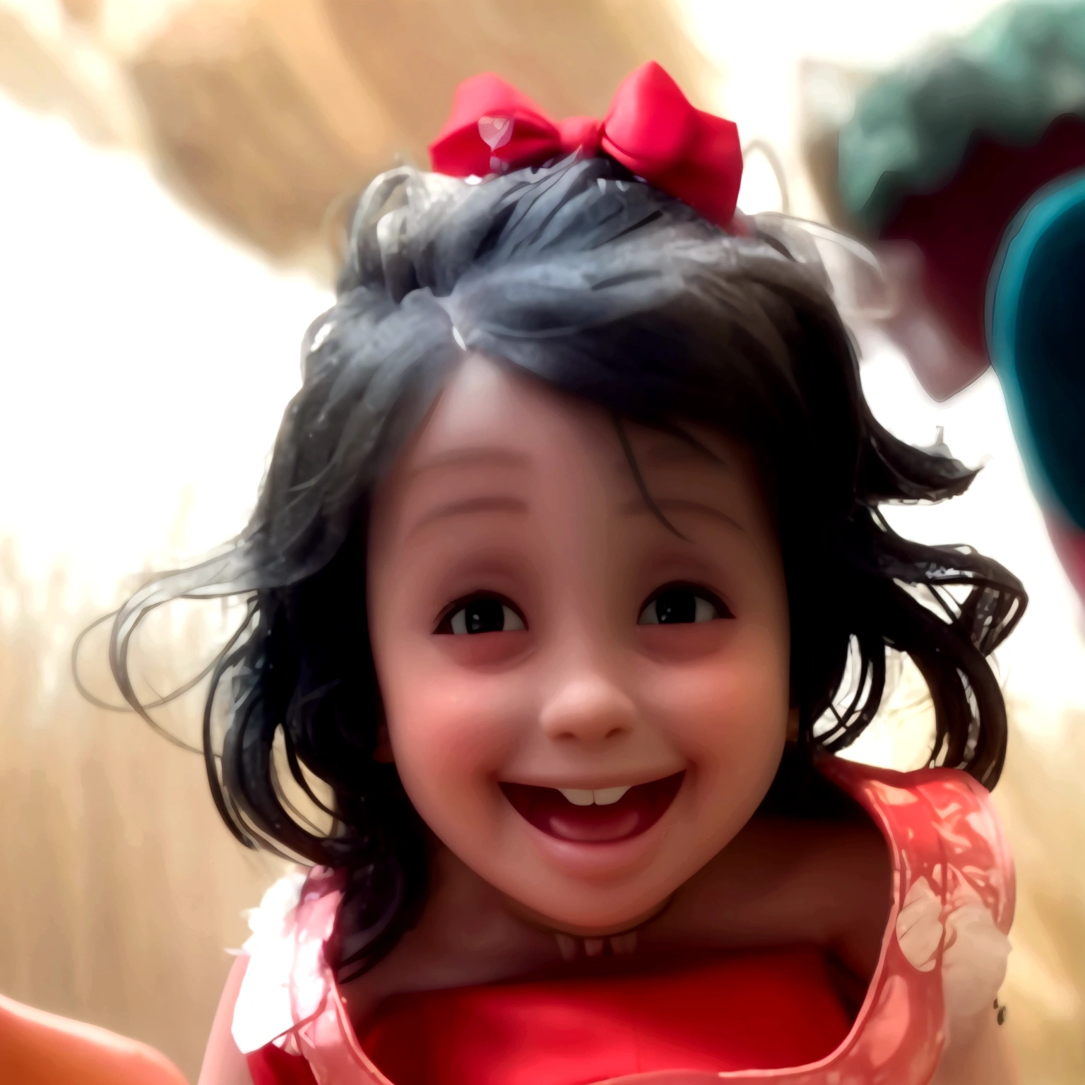 a happy , smiling with 2 front teeth, looking at the camera, with a red bow on top of her head and a red dress