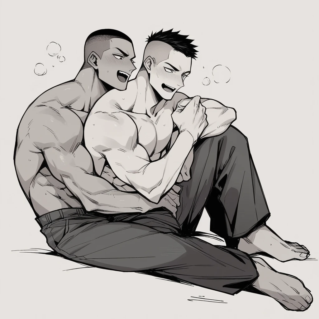 Japanese men、Shaved head、Enlarged muscle mass、I-back pants in a very risqué and flashy color、Laugh with delight、Sitting upright、A bold yet still childish vibe