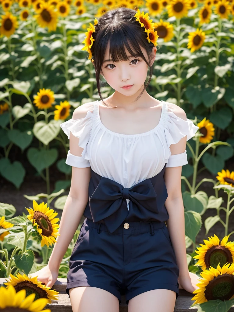 ((Highest quality)), ((masterpiece)), (Familiar), Perfect Face,Japanese,9 years old,girl,cute,Primary school students,Midsummer,camisole,Tank top,Bare skin to avoid,mini skirt,Sunflower field,String Panties,Sweat,Sit with your legs apart,Chest