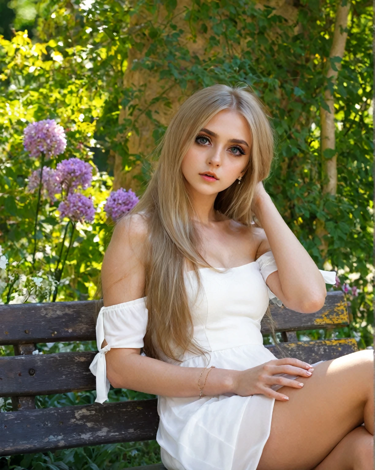 Arafed Woman sitting on a bench wearing a white dress, in white clothes, a beautiful woman dressed in white, with long blonde hair, Beautifully lit, Big eyes and long flowing hair, sitting with flowers, long blonde hair and big eyes, Ukrainian girl, with long hair and piercing eyes, wearing a nice white dress, Nico in a white dress, beautiful pretty young