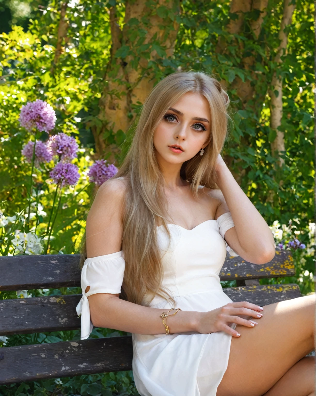 Arafed Woman sitting on a bench wearing a white dress, in white clothes, a beautiful woman dressed in white, with long blonde hair, Beautifully lit, Big eyes and long flowing hair, sitting with flowers, long blonde hair and big eyes, Ukrainian girl, with long hair and piercing eyes, wearing a nice white dress, Nico in a white dress, beautiful pretty young
