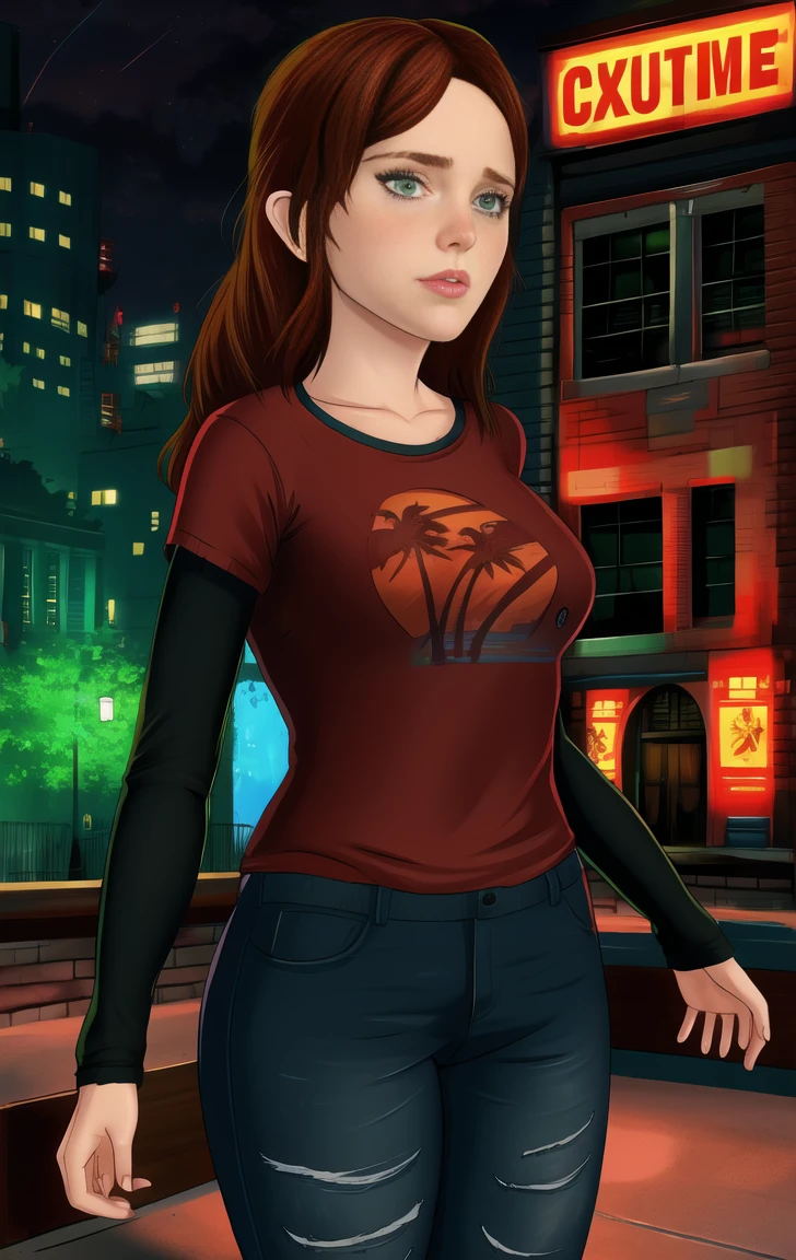 red shirt, long sleeves, standing, long hair, neon lights, night, looking at viewer, large breasts, blue jeans, solo, Dorothea, brown hair, green eyes, elliet1