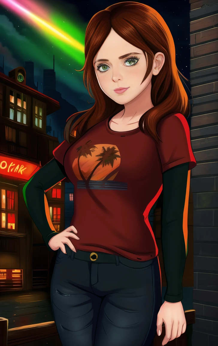 red shirt, long sleeves, standing, long hair, neon lights, night, looking at viewer, large breasts, blue jeans, solo, Dorothea, brown hair, green eyes, elliet1