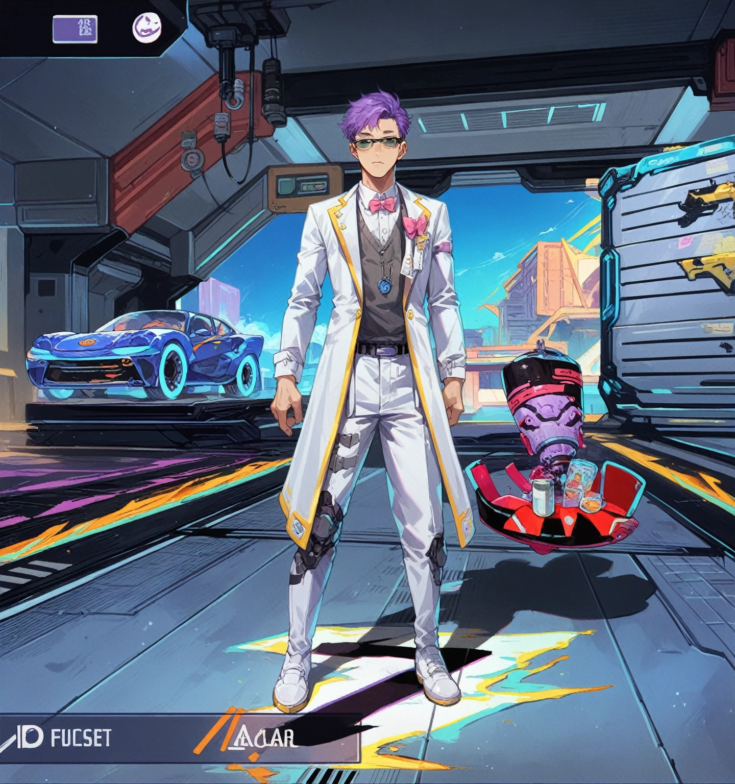 the image sho as man in a white suit swith a pink bow tie and purple hair, standing in a room with a futuristic relaistic car and  a purple and black cat.