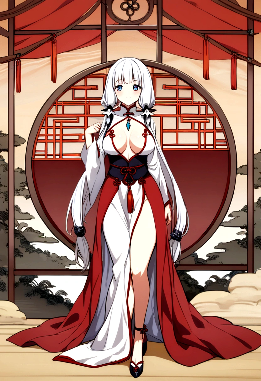 Anime girl, long dress, revealing thigh, chinese theme