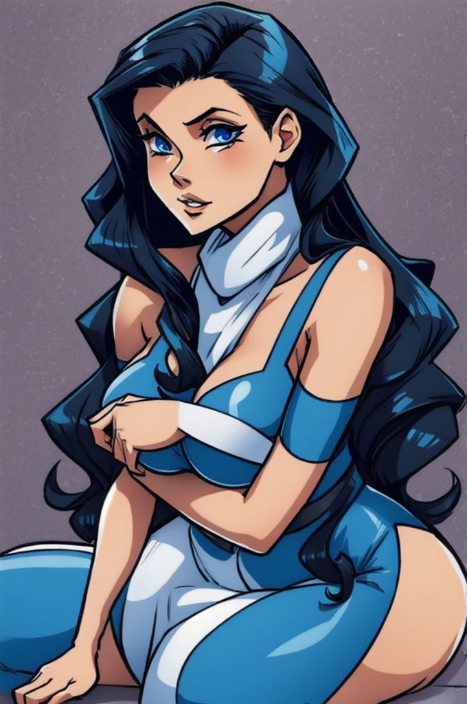 Ediblue, curvy blue eyed girl with long wavy black hair and small breasts