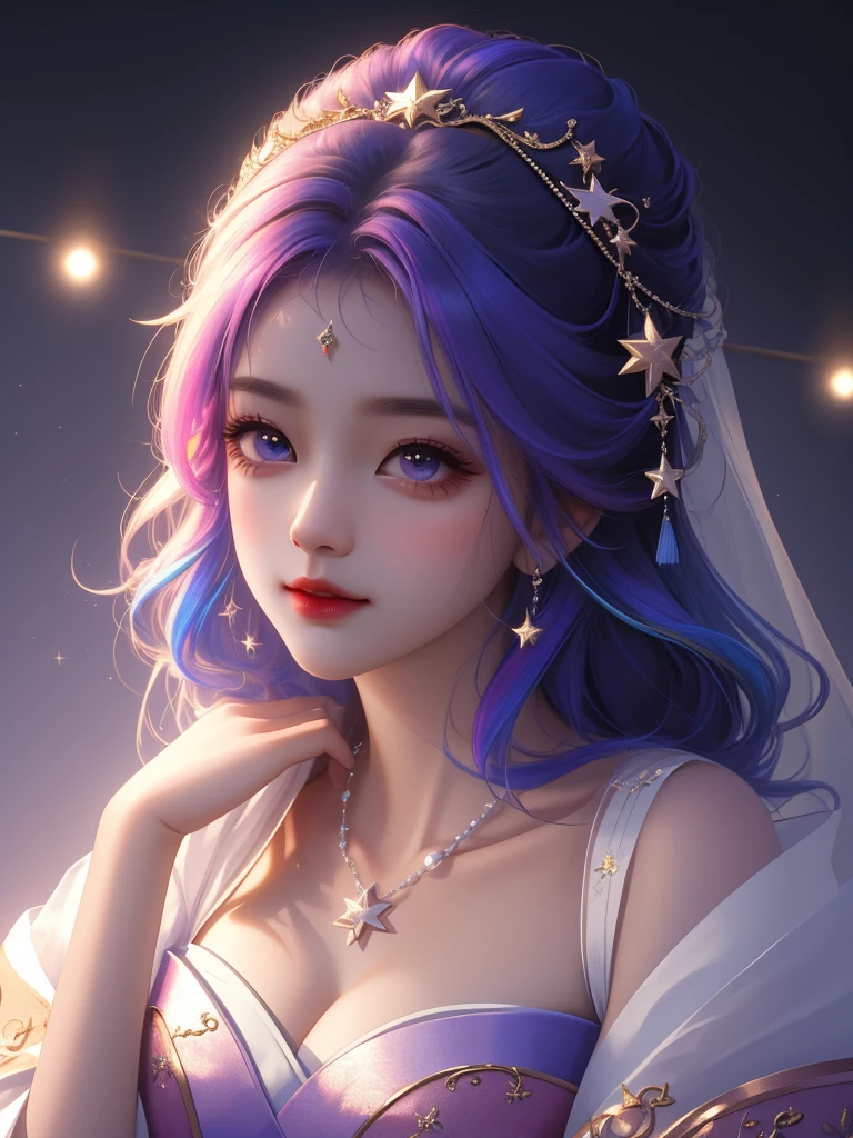 best quality, masterpiece, high resolution, 1 Girl,flirtatious,Colored hair,(Charming smile:0.8),Star-shaped pupil,china hanfu,Hair accessories,necklace, Jewelry,Pretty Face,Above_Body, Tyndall effect,Reality, Dark Studio, Rim Light, Two-tone lighting,(High Detail Skin:1.2), 8K uhd, Digital SLR Camera, Soft lighting, high quality, Volumetric Lighting, frank, photo, high resolution, 4K, 8K, Bokeh
